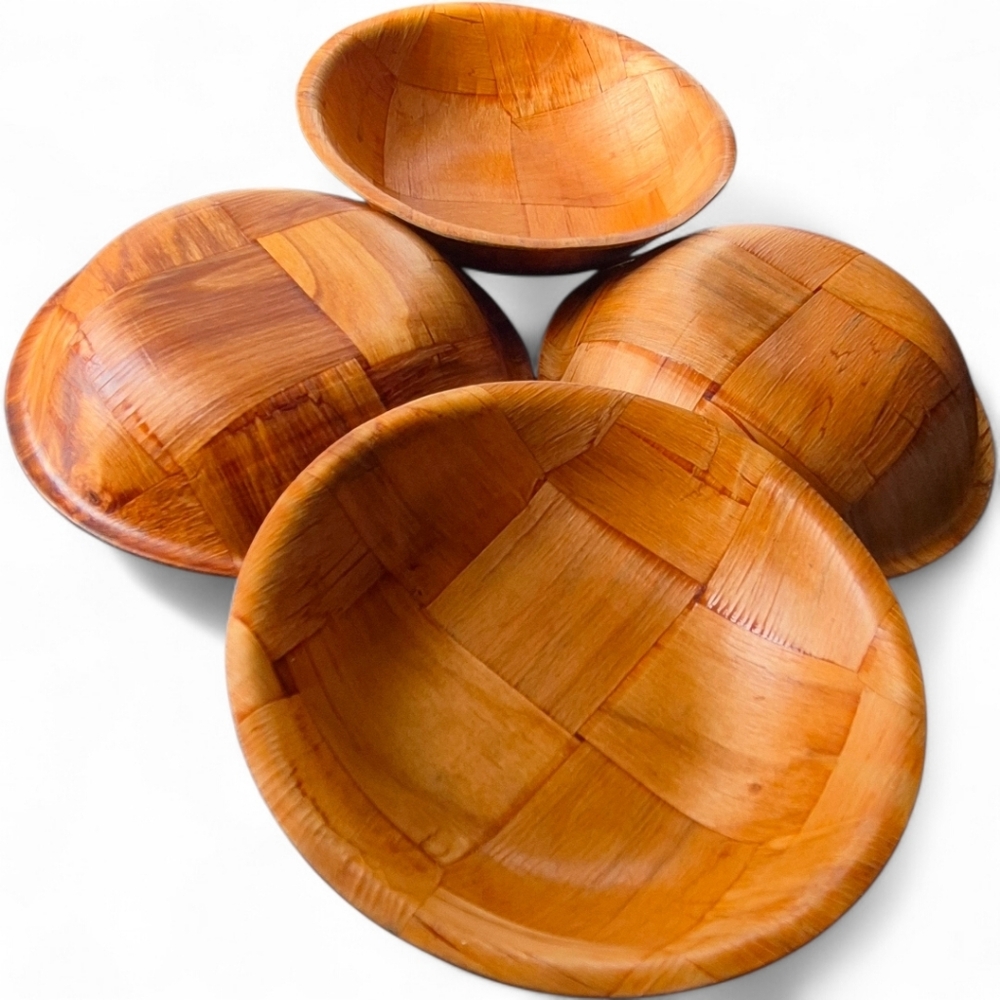 1960s Vintage Woven Parquet Wood Bowls Set of Four - Picture 4 of 6